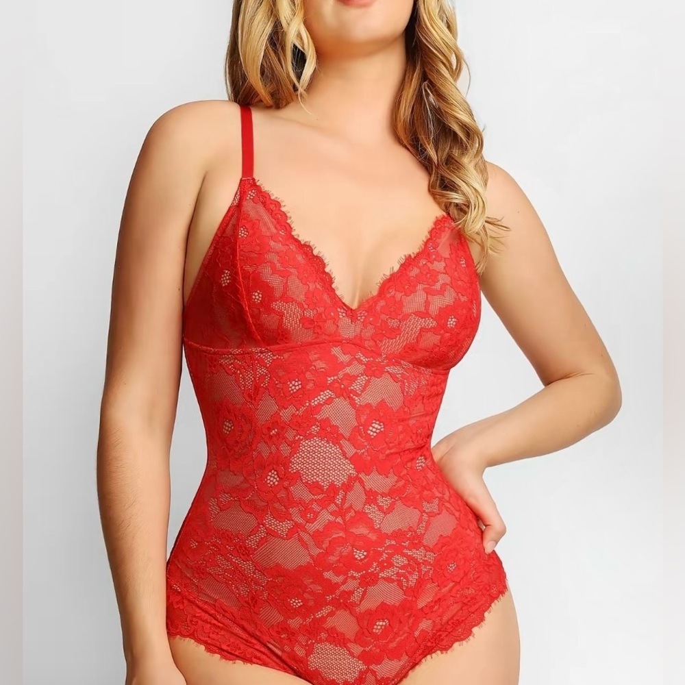 Shapellx Red Lace Bodysuit Chemise - Sleek Feminine Lace